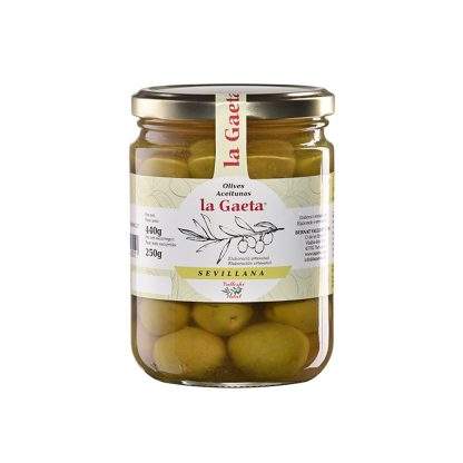 Spanische Caspe-Oliven, 250g – Grüne, gespaltene Oliven in Kräutern mariniert.